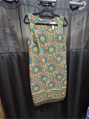 Sag Harbor Brown Floral Medallion Midi Dress with Turquoise and Yellow Accents